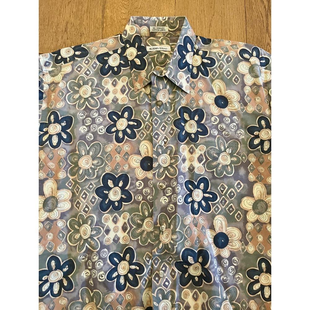 Burma Bibas Mens 60 Singles Cotton Lawn Floral Button Dn Shirt L